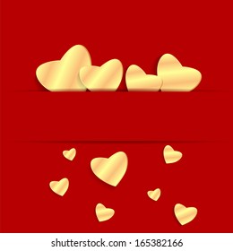 Background Valentine's Day.golden heart on a red background.hearts of different sizes of golden paper.vector