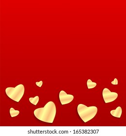 Background Valentine's Day.golden heart on a red background.hearts of different sizes of golden paper.vector