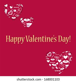 background for Valentine's Day.hearts of different sizes with a white pattern.red background with hearts and golden greeting inscription.vector