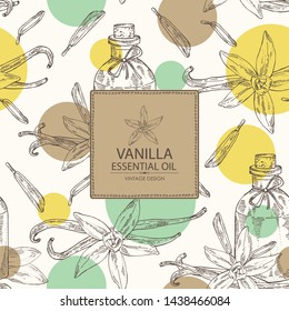 Background with vanilla and bottle of vanilla essential oil. Cosmetic, perfumery and medical plant. Vector hand drawn