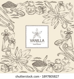 Background with vanilla: flower and vanilla pod. Oil, soap and bath salt . Cosmetics and medical plant. Vector hand drawn illustration