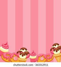 Background vanilla Ice Cream, strawberry Cupcake and donut with pink glaze. Vector Illustration eps 10 for your design.