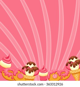 Background vanilla Ice Cream, strawberry Cupcake and donut with pink glaze. Vector Illustration eps 10 for your design.
