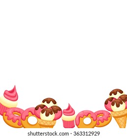 Background vanilla Ice Cream, strawberry Cupcake and donut with pink glaze. Vector Illustration eps 10 for your design.