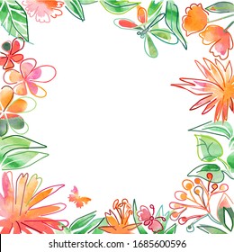 Background of variable plants and flowers - watercolor style
