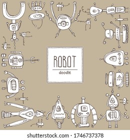 Background with varios robots. signs and icons. Hand drawn vector doodles illustration.