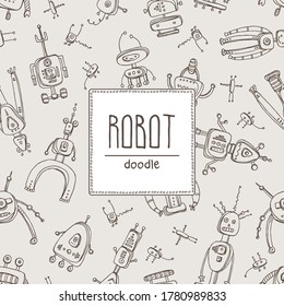 Background with varios robots. signs and icons. Hand drawn vector doodles illustration.