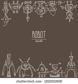 Background with varios robots. signs and icons. Hand drawn vector doodles illustration.