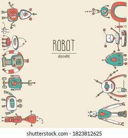 Background with varios robots. signs and icons. Hand drawn vector doodles illustration.