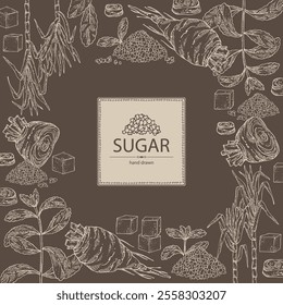 Background with varios shugar: beet sugar, cane sugar, stevia sugar. Vector hand drawn illustration.