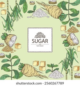 Background with varios shugar: beet sugar, cane sugar, stevia sugar. Vector hand drawn illustration.