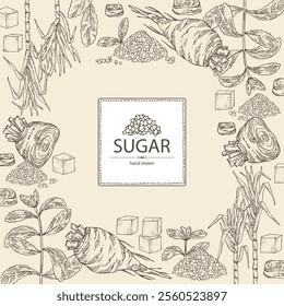 Background with varios shugar: beet sugar, cane sugar, stevia sugar. Vector hand drawn illustration.