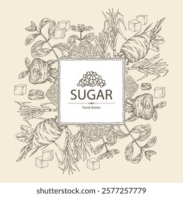 Background with varios shugar: beet sugar, cane sugar, stevia sugar. Vector hand drawn illustration.