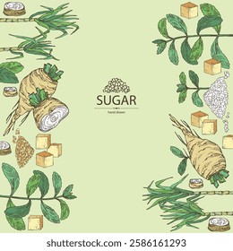 Background with varios shugar: beet sugar, cane sugar, stevia sugar. Vector hand drawn illustration.