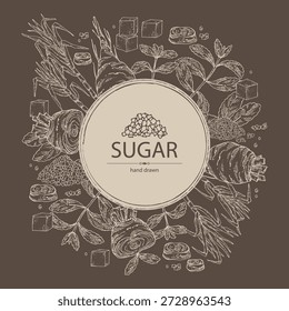 Fondo con varios azúcares: azúcar de remolacha, azúcar de caña, azúcar de stevia. Vector dibujado a mano ilustración.