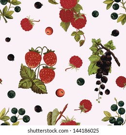 Background with various berries:  strawberry, black-currant, huckleberry, raspberry