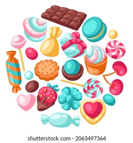Antecedentes con varios dulces y caramelos. Ilustración estilizada de confitería o panadería.