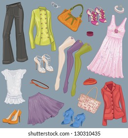 Background with various female clothes and accessories