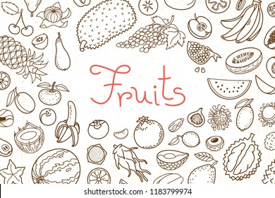 Background with various fruits and an inscription for menu design, recipes and product packaging. Vector illustration.
