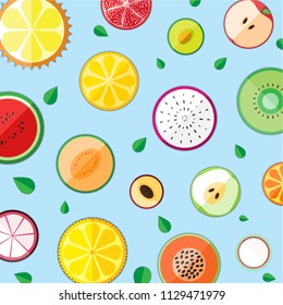 Background of various fruits on the blue sky