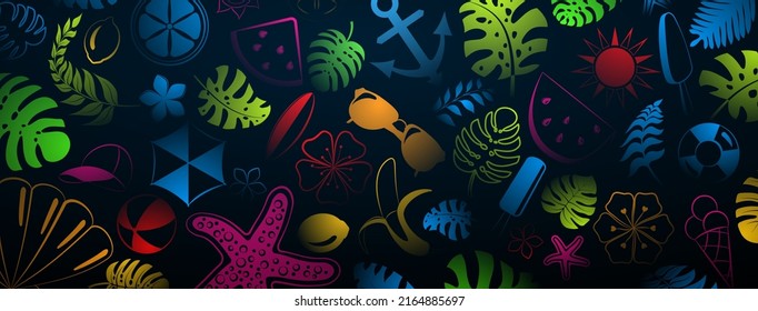 Background from various items related to summer holidays at sea, multicolored on dark blue