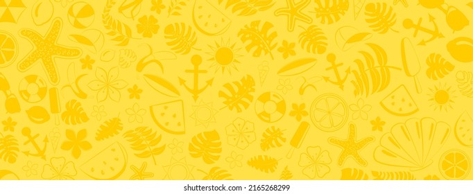Background of various items related to summer holidays at sea, in yellow colors
