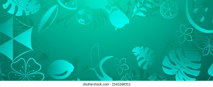 Background of various items related to summer holidays at sea, in light blue colors