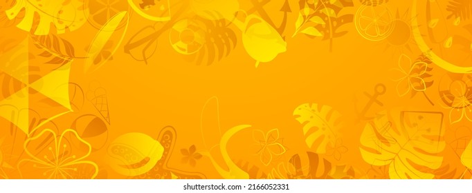 Background of various items related to summer holidays at sea, in yellow colors