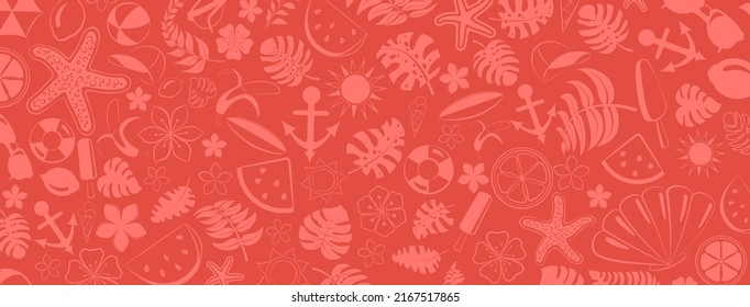 Background of various items related to summer holidays at sea, in red colors