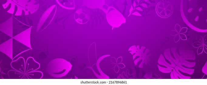 Background of various items related to summer holidays at sea, in purple colors