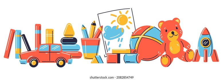 Background with various kids toys. Happy childhood symbols. Playing game with friends.