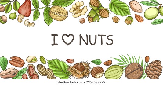 Antecedentes con varias nueces y hojas. Cartel con almendras, nueces, avellanas, coco y castaño. Ilustración vectorial dibujada por mano