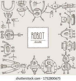 Background with various robots. signs and icons. Hand drawn vector doodles illustration.