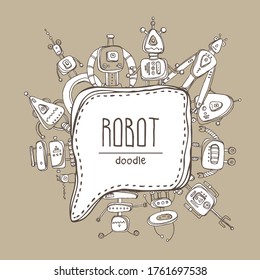 Background with various robots, speech bubble. Hand drawn vector doodles illustration.