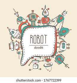 Background with various robots, speech bubble. Hand drawn vector doodles illustration.