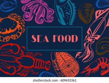 Background with various seafood. Illustration of fish, shellfish and crustaceans.