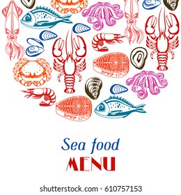 Background with various seafood. Illustration of fish, shellfish and crustaceans.