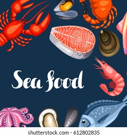 Background with various seafood. Illustration of fish, shellfish and crustaceans.
