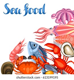Background with various seafood. Illustration of fish, shellfish and crustaceans.
