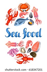 Background with various seafood. Illustration of fish, shellfish and crustaceans.