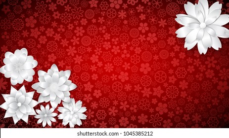 Background of various small flowers in red colors with several big white paper flowers