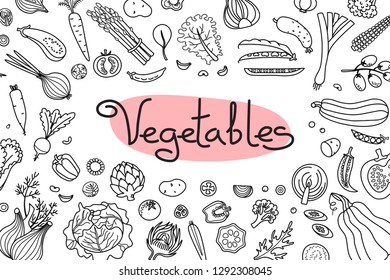 Background with various vegetables and an inscription for menu design, recipes and product packaging. Vector illustration.