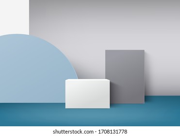 Background vector 3d blue colors rendering with podium. Minimal boxes and geometric podium. Scene with geometrical forms. Empty showcase for cosmetic product presentation. Fashion magazine. 3d render.