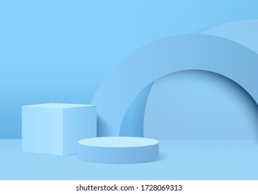 Vector de fondo 3d representación azul con podio y escena de pared azul mínima, fondo abstracto mínimo 3d representación de forma geométrica abstracta color pastel azul. Escenario para premios en sitio web en moderno.