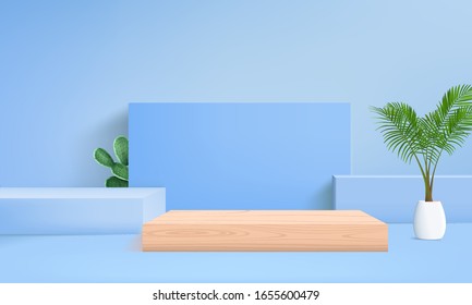 Background Vector 3d Blue Rendering With Podium And Minimal Blue Pastel Wall Scene, Minimal Wood Podium Blue, Podium  Background 3d Vector Rendering Scene Blue Pastel Color And Palm Leaf On Wood Table