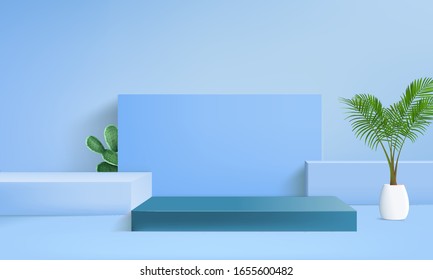 background vector 3d blue rendering with podium and minimal blue pastel wall scene, minimal abstract background 3d rendering abstract geometric shape blue pastel color and palm leaf