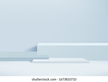 Background Vector 3d Blue Rendering With Podium And Steps Minimal Blue Wall Scene, Minimal Podium Background 3d Rendering Product Display Platform Blue Pastel. 3d Stage Background Studio For Product.