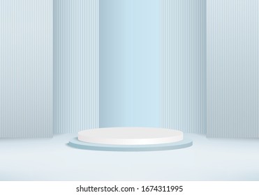 Background vector 3d blue rendering with podium and minimal blue wall scene, minimal abstract background 3d rendering abstract geometric shape blue pastel color. Stage for awards on website in modern.