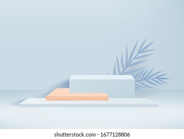 Vector de fondo 3d de representación azul con podio y escena de pared azul mínima, fondo abstracto mínimo 3d de forma geométrica abstracta de fondo color azul pastel. Escenario para premios en sitio web en moderno.