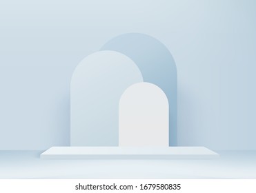 Background vector 3d blue rendering with podium and minimal blue wall scene, minimal scene background 3d rendering abstract geometric shape blue pastel color. Stage for product on scene in platform.